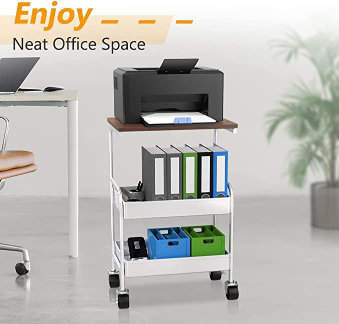 HIDODO Rolling Cart with Wooden Tabletop, 3 Tier Metal Utility Cart, Rolling Storage Organizer Cart with Lockable Wheels for Kitchen, Office, Bedroom (Black)