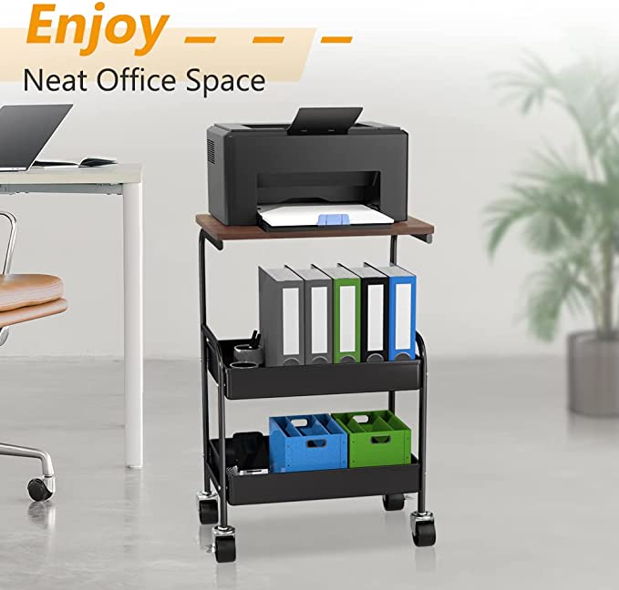 HIDODO Rolling Cart with Wooden Tabletop, 3 Tier Metal Utility Cart, Rolling Storage Organizer Cart with Lockable Wheels for Kitchen, Office, Bedroom (Black)