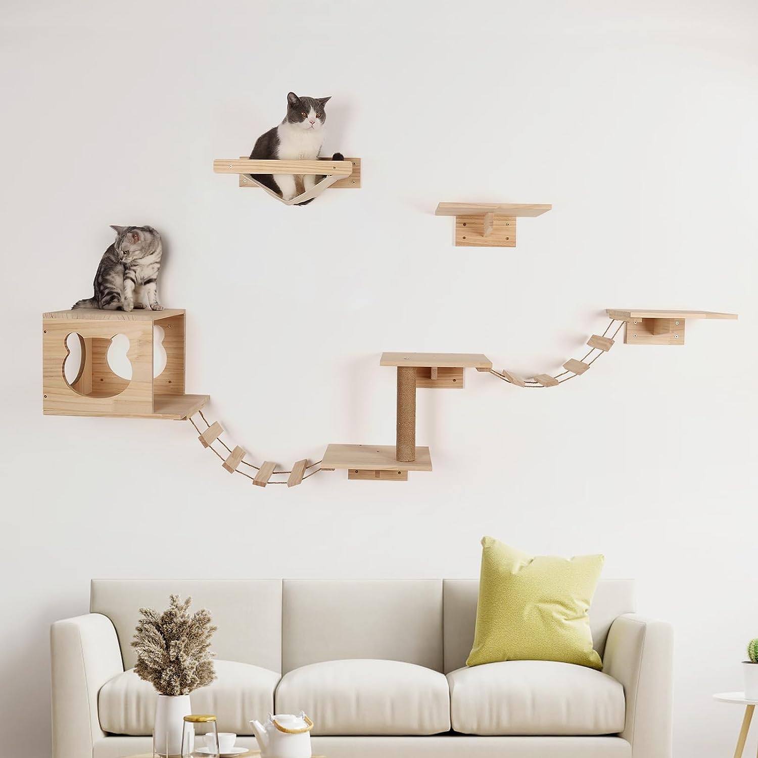 LUCKUP Cat Wall Shelves,Cat Wall Furniture and Perches for Indoor,Cat Wall Furniture with Hammock, Scratching Post, Cat House, and Cat Bed Included 9pcs/Set