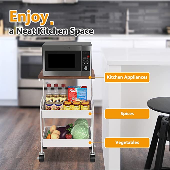 HIDODO Rolling Cart with Wooden Tabletop, 3 Tier Metal Utility Cart, Rolling Storage Organizer Cart with Lockable Wheels for Kitchen, Office, Bedroom (Black)