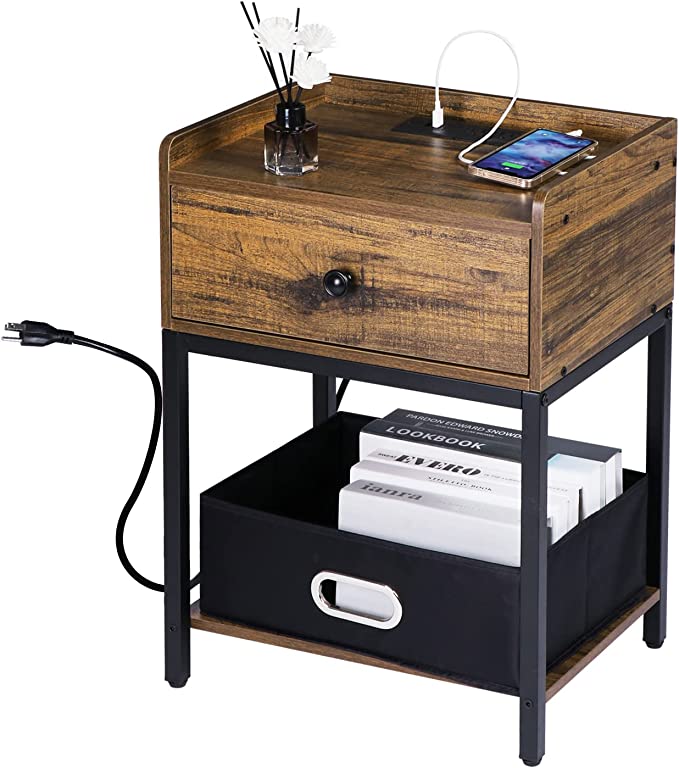 Nightstand with Charging Station, End Table Wood Night Stand with Storage Drawer and Shelf 3-Tier, Rustic Brown Side Table for Bedroom, Living Room-Steel Frame and USB Ports