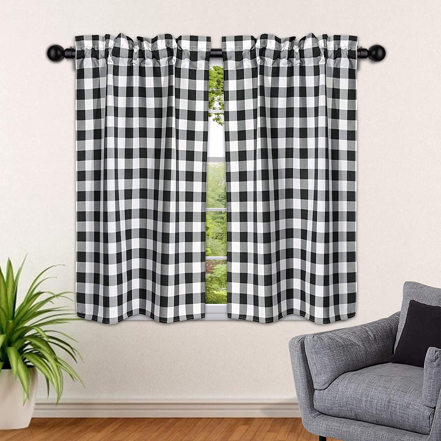Farmhouse Kitchen Curtains Buffalo Plaid - Tiers Curtains for Windows Light Filtering Rod Pocket Thermal Insulated or Home Bedroom Cafe Decor Window Treatments, 27” W x 36” H-2 Pcs, Black
