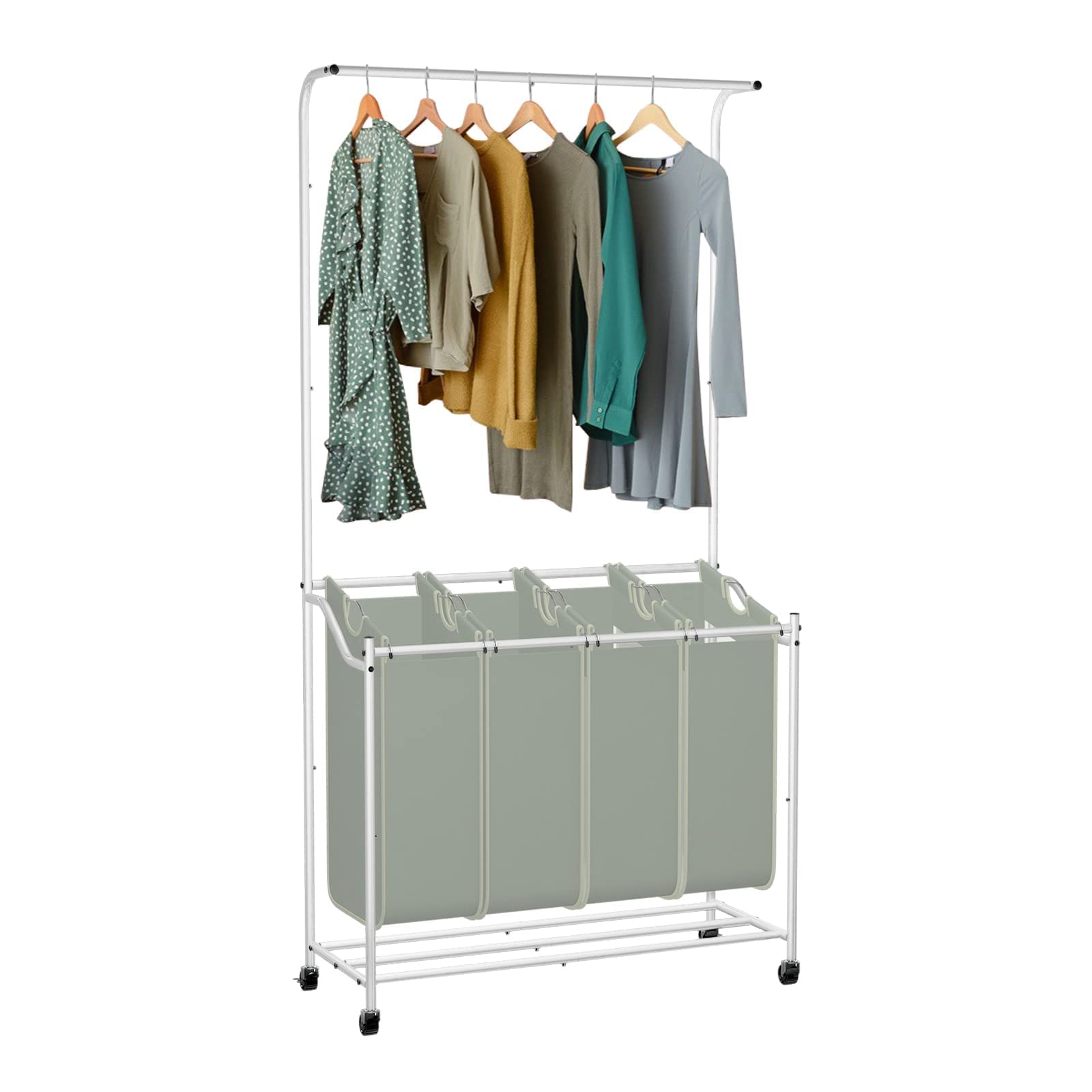 HIDODO Laundry Sorter 4 Sections, Rolling Laundry Sorter Cart with Hanging Bar, Laundry Organizer Hampers for Laundry Room (Greyish Green)