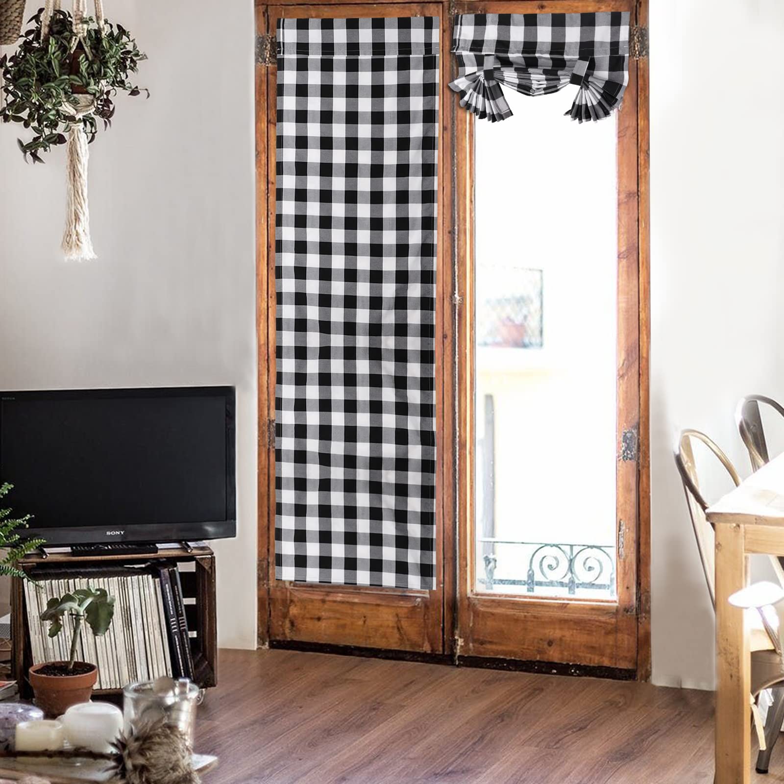 EEYE French Door Curtains Buffalo Plaid Door Curtain Panel Thermal Insulated Tie Up Shades with Sticky Strap Light Filtering Temporary Window Treatment for Tricia Window, 25” x 72”,Black