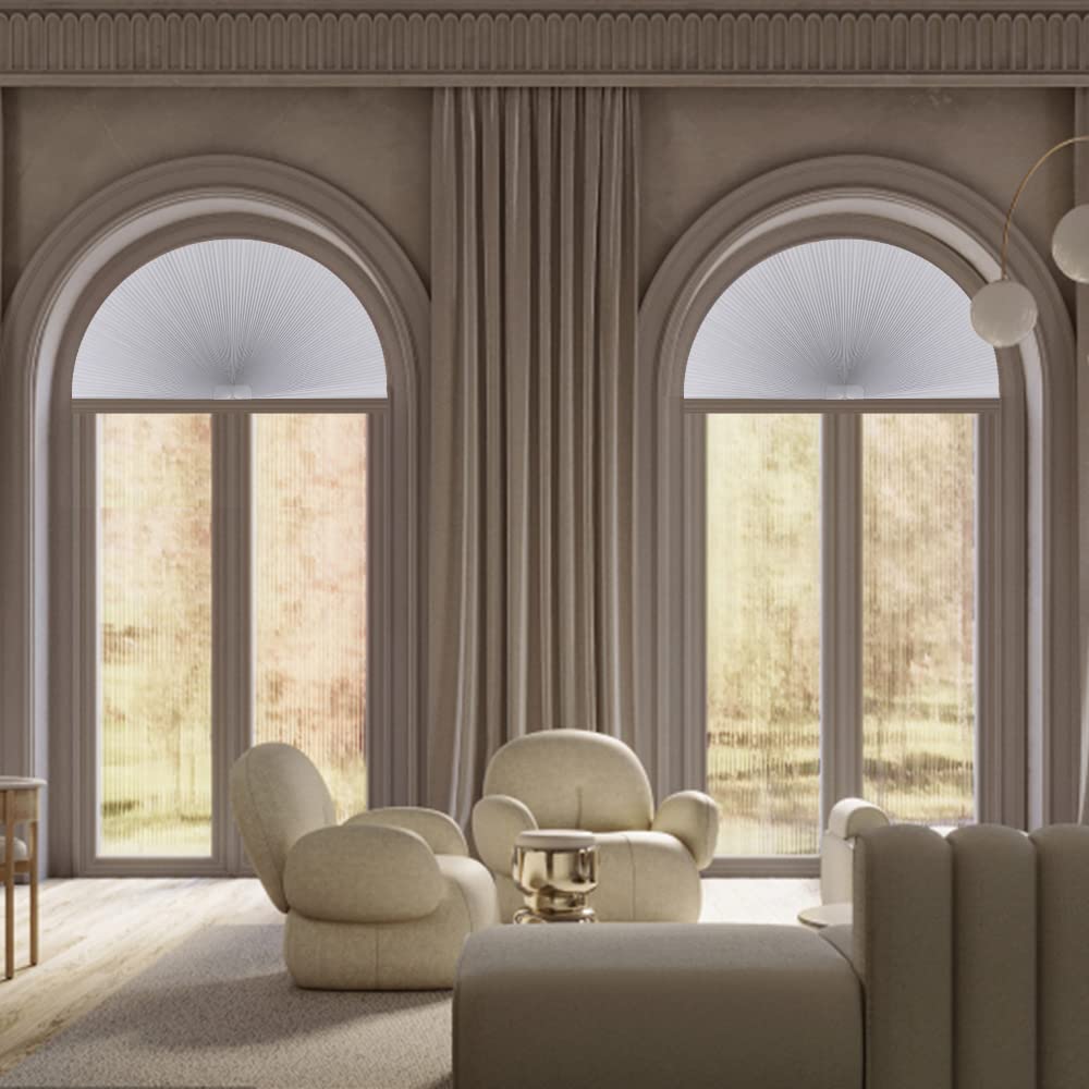 Arch Window Shades Half Circle Blackout Cellular Pleated Blinds Dual Color Semi Circular Honeycomb Windows Curtains for Half Moon Round Windows, Easy Cut and Install 24'' W x 72'' H, Grey-White