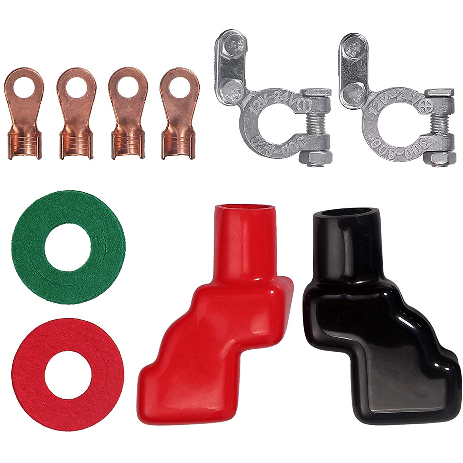 CHEINAUTO Battery Terminal Connectors with 6 Brass Battery Ring Terminals and Wrench AWG 2/4/ 6- Positive Van Red Color and Negative and More Boat Black Color Applicated in Car 