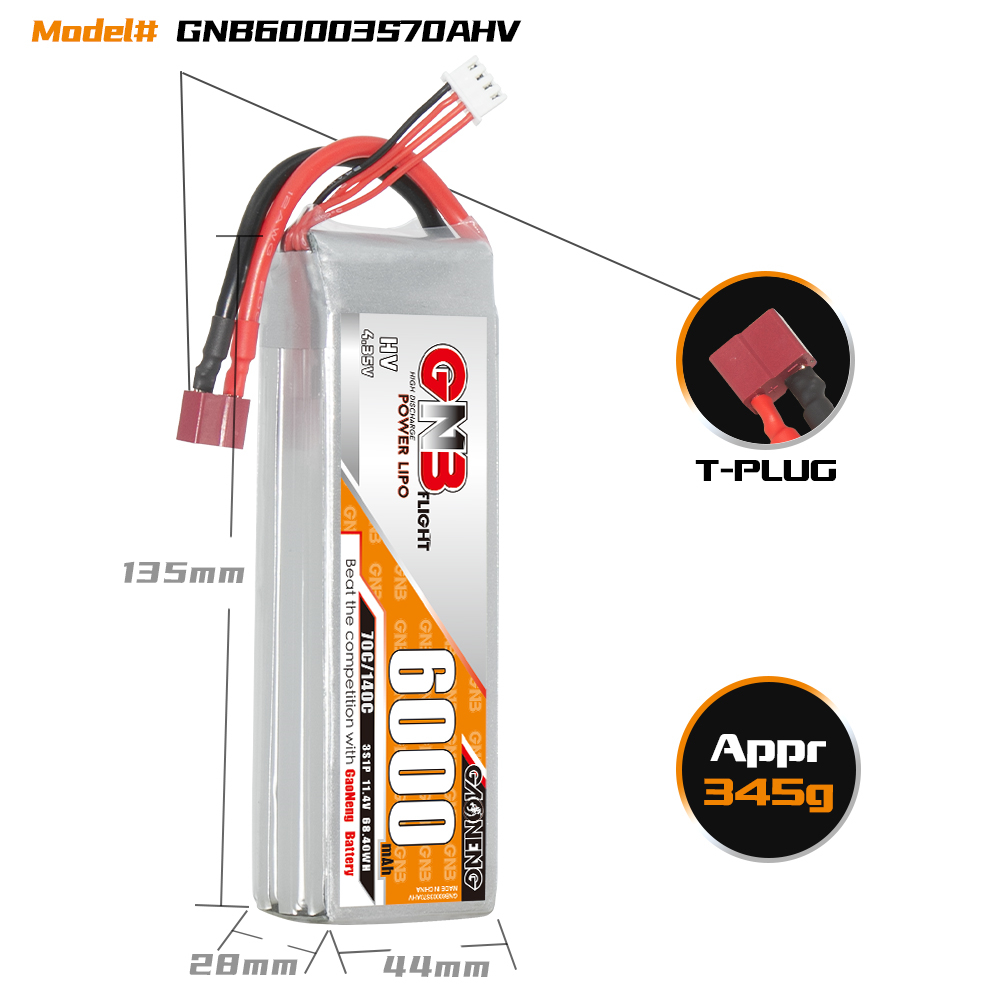 GAONENG GNB HV 3S 11.4V 6000mAh 70C LiPo Battery T-PLUG