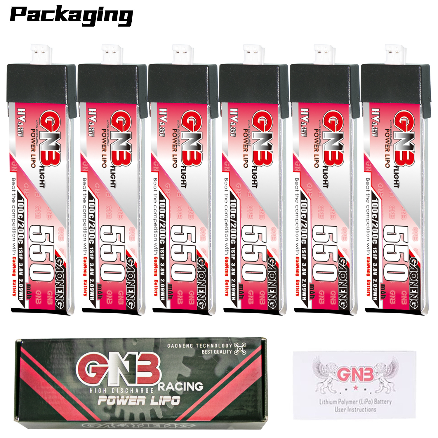GAONENG GNB LiHV 1S 3.8V 550mAh 100C PH2.0 Plastic Head LiPo Battery