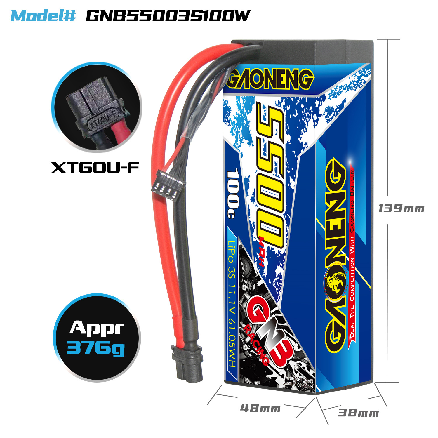 GAONENG GNB 3S 11.1V 5500mAh 100C Cabled Hard Case LiPo Battery RC Car