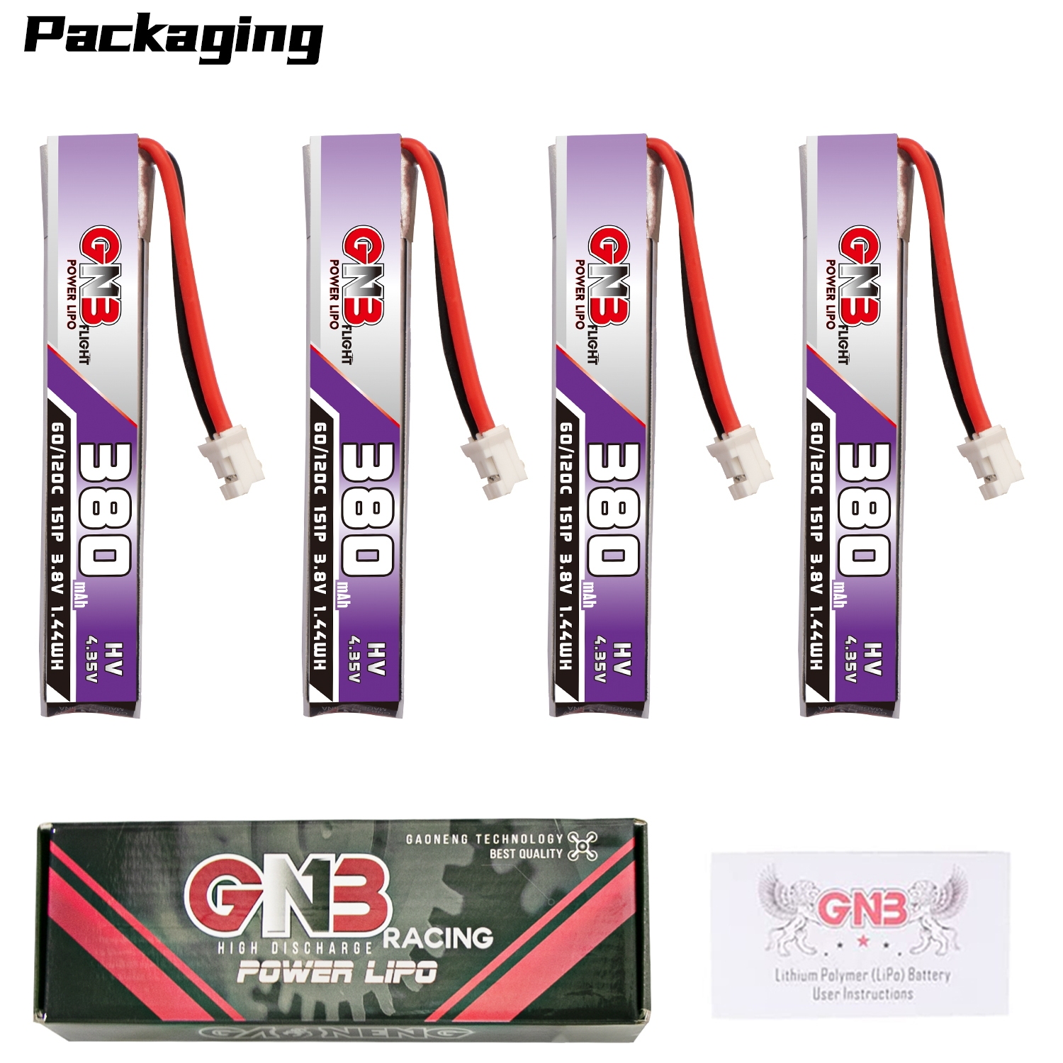 4PCS - GAONENG GNB LiHV 1S 3.8V 380mAh 60C PH2.0 Cabled LiPo Battery