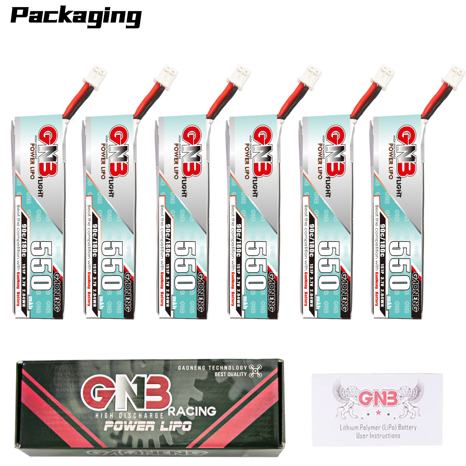 GAONENG GNB 1S 3.7V 550mAh 90C PH2.0 Cabled LiPo Battery Long Type