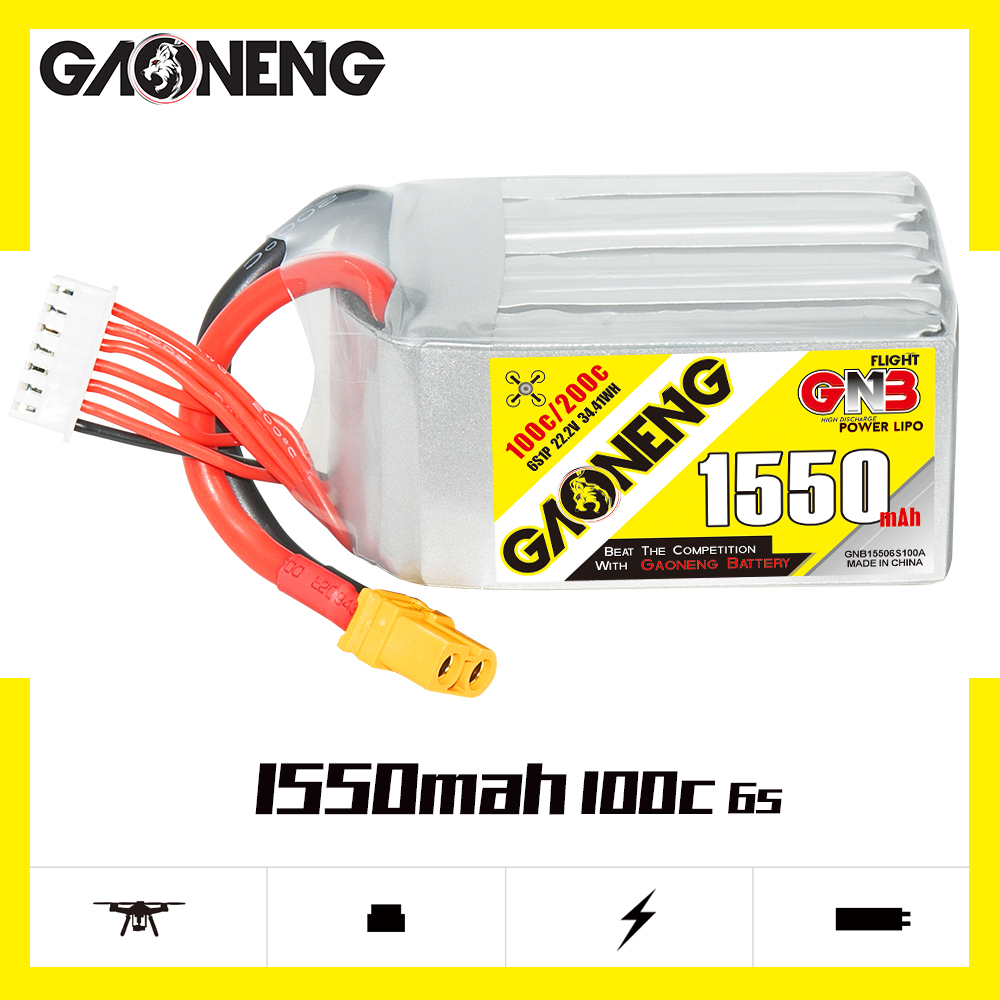 2PCS - GAONENG GNB 6S 22.2V 1550mAh 100C XT60 LiPo Battery