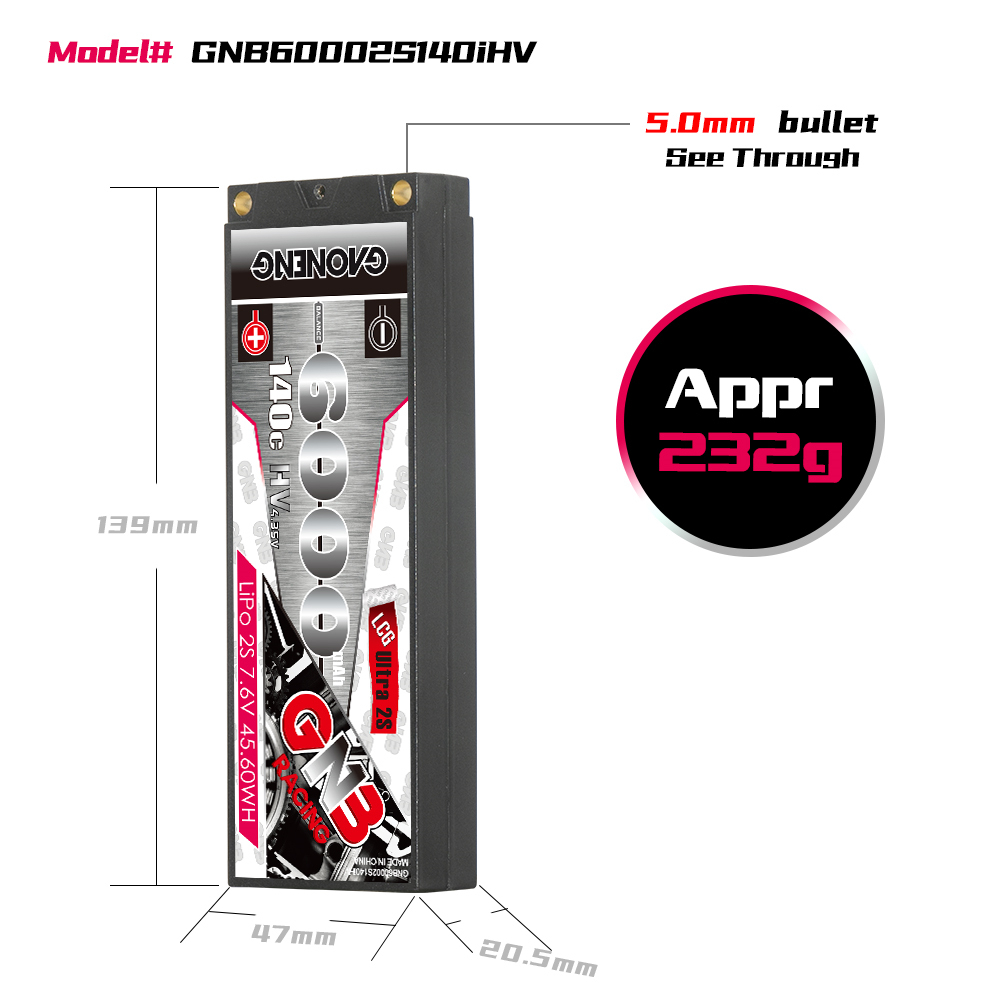 1PC - GAONENG GNB LiHV 2S 7.6V 6000mAh 140C 5mm Hard Case Ultra LCG LiPo Battery XT60