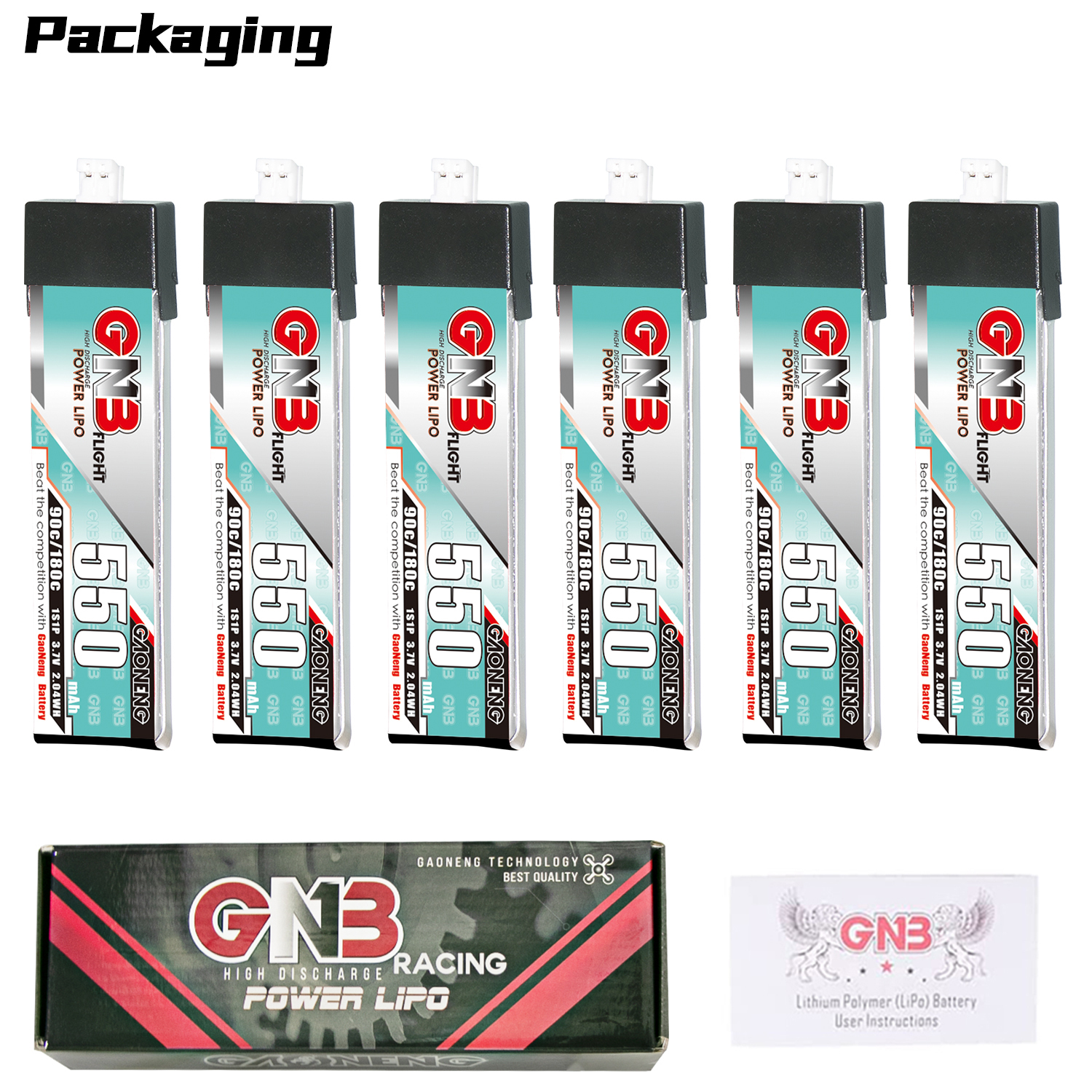 GAONENG GNB 1S 3.7V 550mAh 90C PH2.0 Plastic Head LiPo Battery