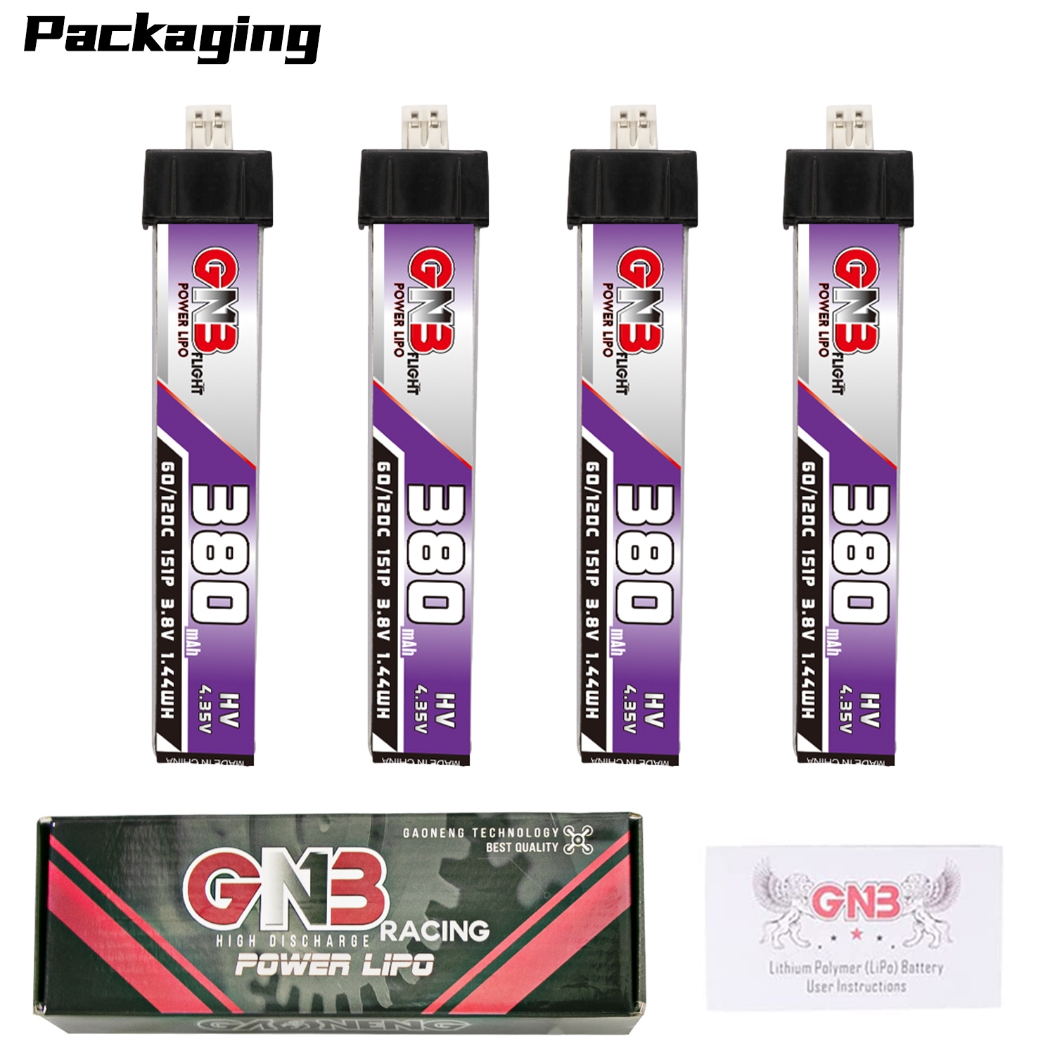 4PCS - GAONENG GNB LiHV 1S 3.8V 380mAh 60C PH2.0 Plastic Head LiPo Battery