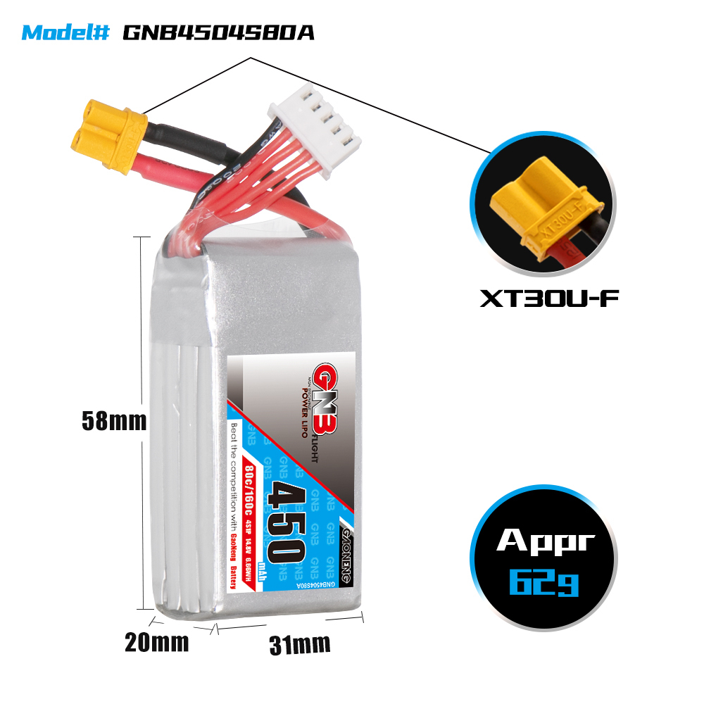 GAONENG GNB 4S 14.8V 450mAh 80C XT30 LiPo Battery Square Type
