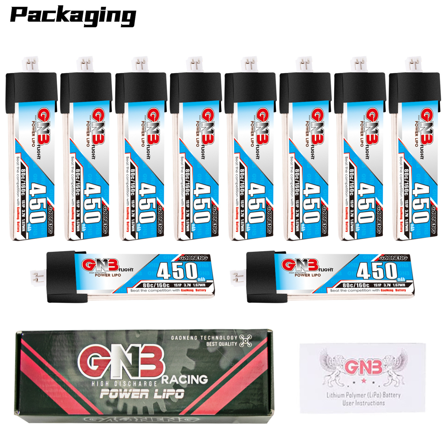 GAONENG GNB 1S 3.7V 450mAh 80C PH2.0 Plastic Head LiPo Battery Long Type