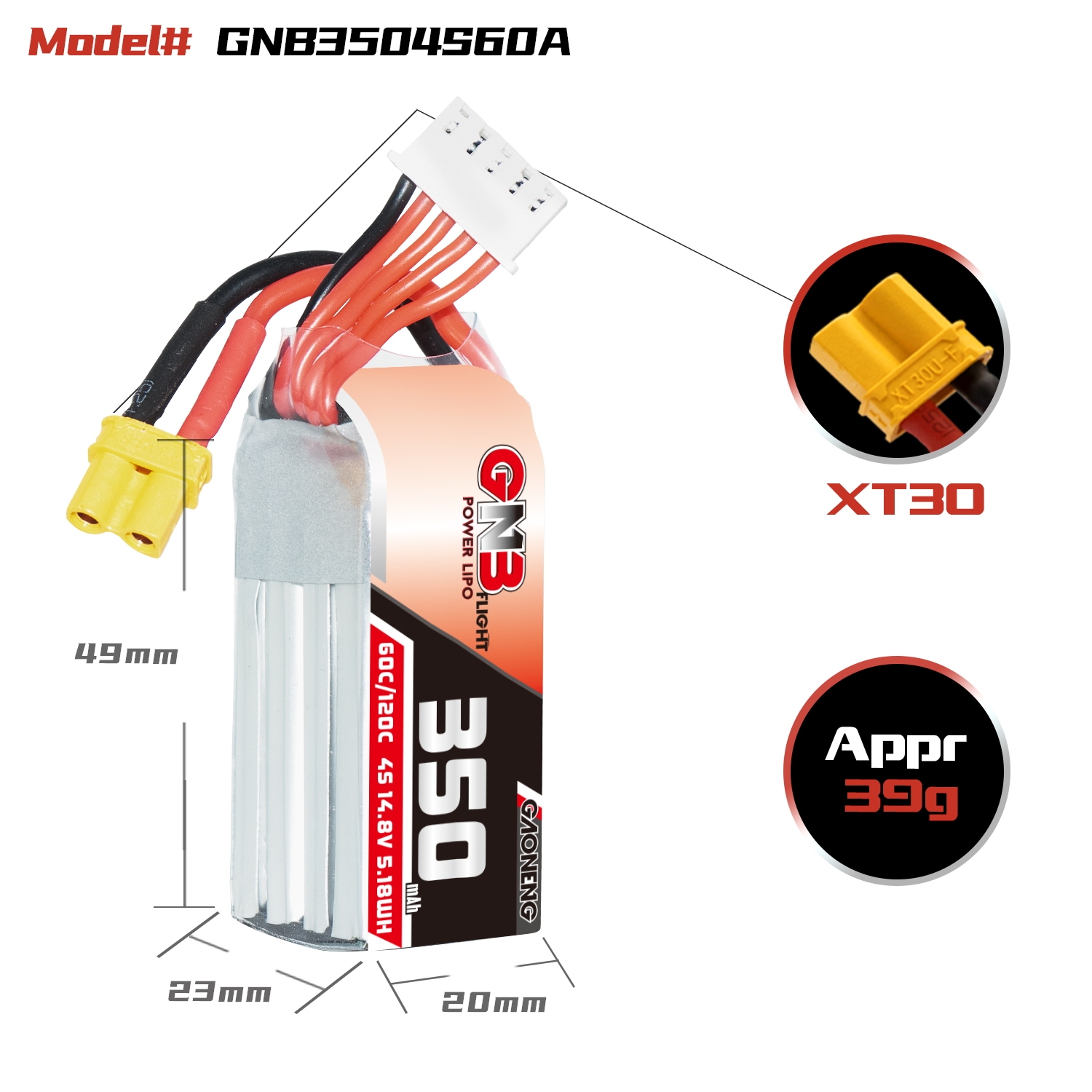 GAONENG GNB 4S 14.8V 350mAh 60C XT30 LiPo Battery