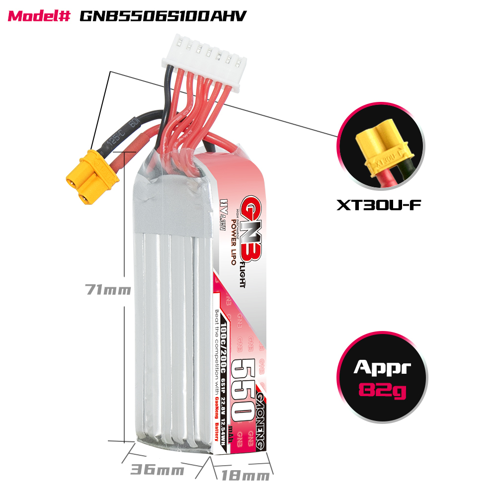 2PCS - GAONENG GNB LiHV 6S 22.8V 550mAh 100C XT30 LiPo Battery Long Type
