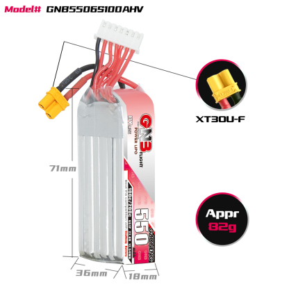 2PCS - GAONENG GNB LiHV 6S 22.8V 550mAh 100C XT30 LiPo Battery Long Type