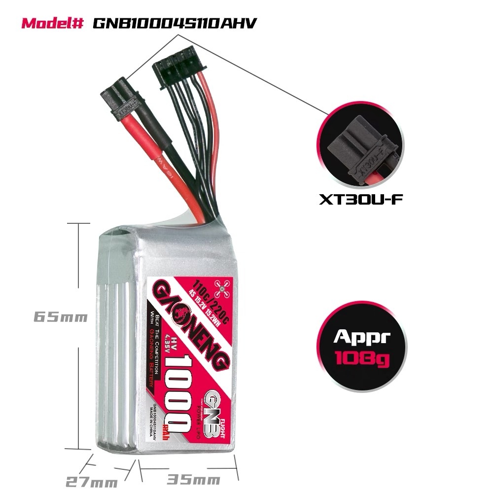 2PCS - GAONENG GNB LiHV 4S 15.2V 1000mAh 110C XT30 LiPo Battery