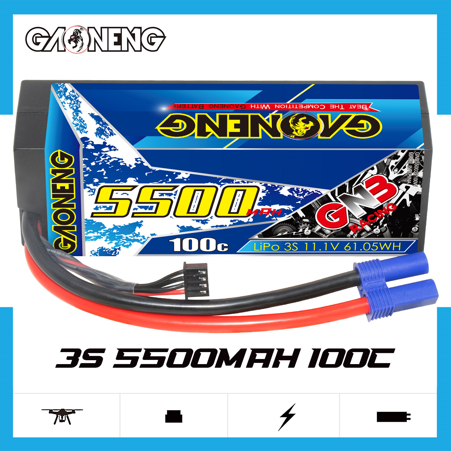 GAONENG GNB 3S 11.1V 5500mAh 100C Cabled Hard Case LiPo Battery EC5