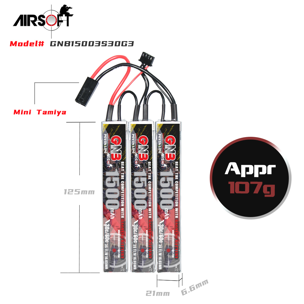 2PCS - GAONENG GNB 3S 11.1V 1500mAh 30C Mini Tamiya Plug 3cells LiPo Battery for AirSoft