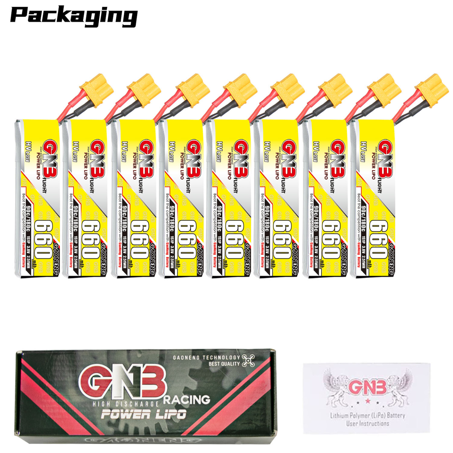 GAONENG GNB LiHV 1S 3.8V 660mAh 90C XT30 Cabled LiPo Battery