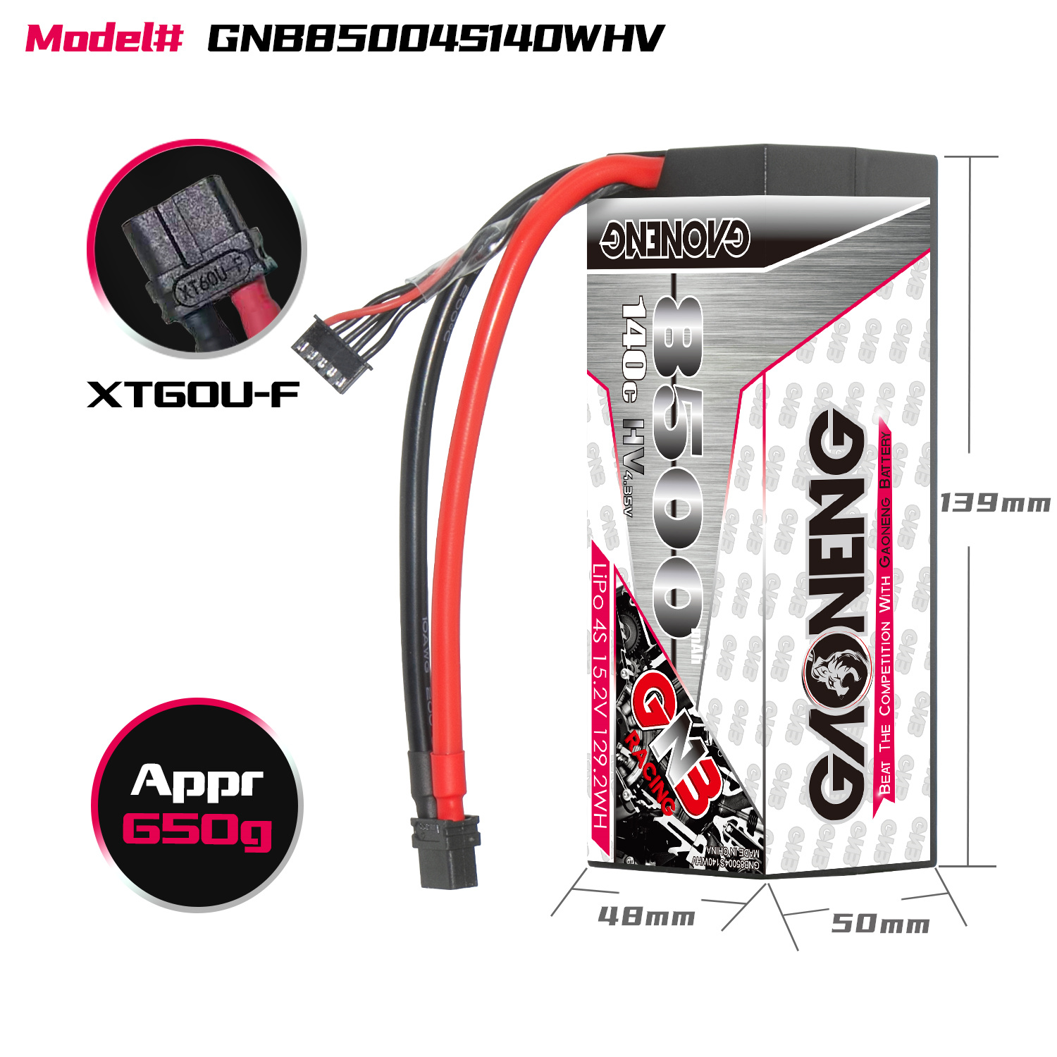 1PC - GAONENG GNB LiHV 4S 15.2V 8500mAh 140C Cabled Hard Case LiPo Battery XT60