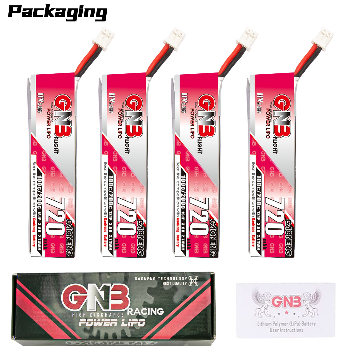 4PCS - GAONENG GNB LiHV 1S 3.8V 720mAh 100C PH2.0 Cabled LiPo Battery