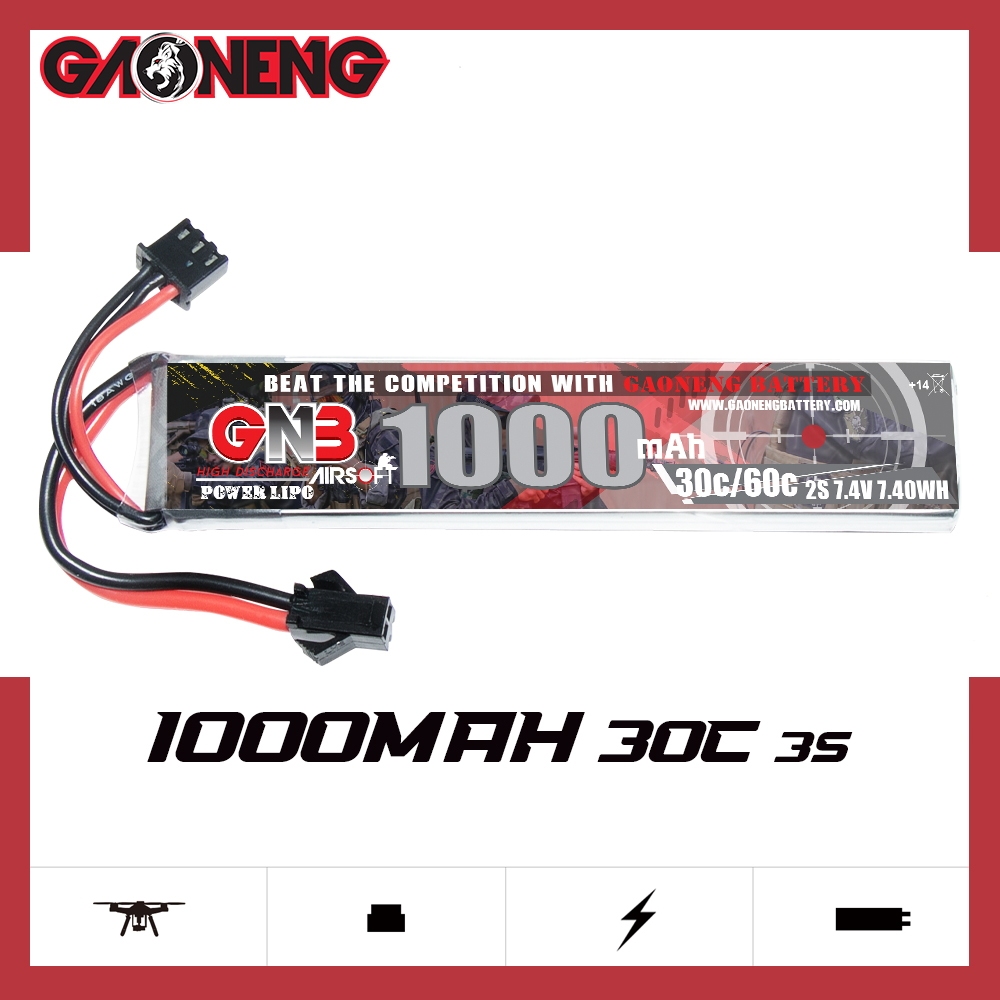 2PCS - GAONENG GNB 2S 7.4V 1000mAh 30C SM Plug LiPo Battery for AirSoft