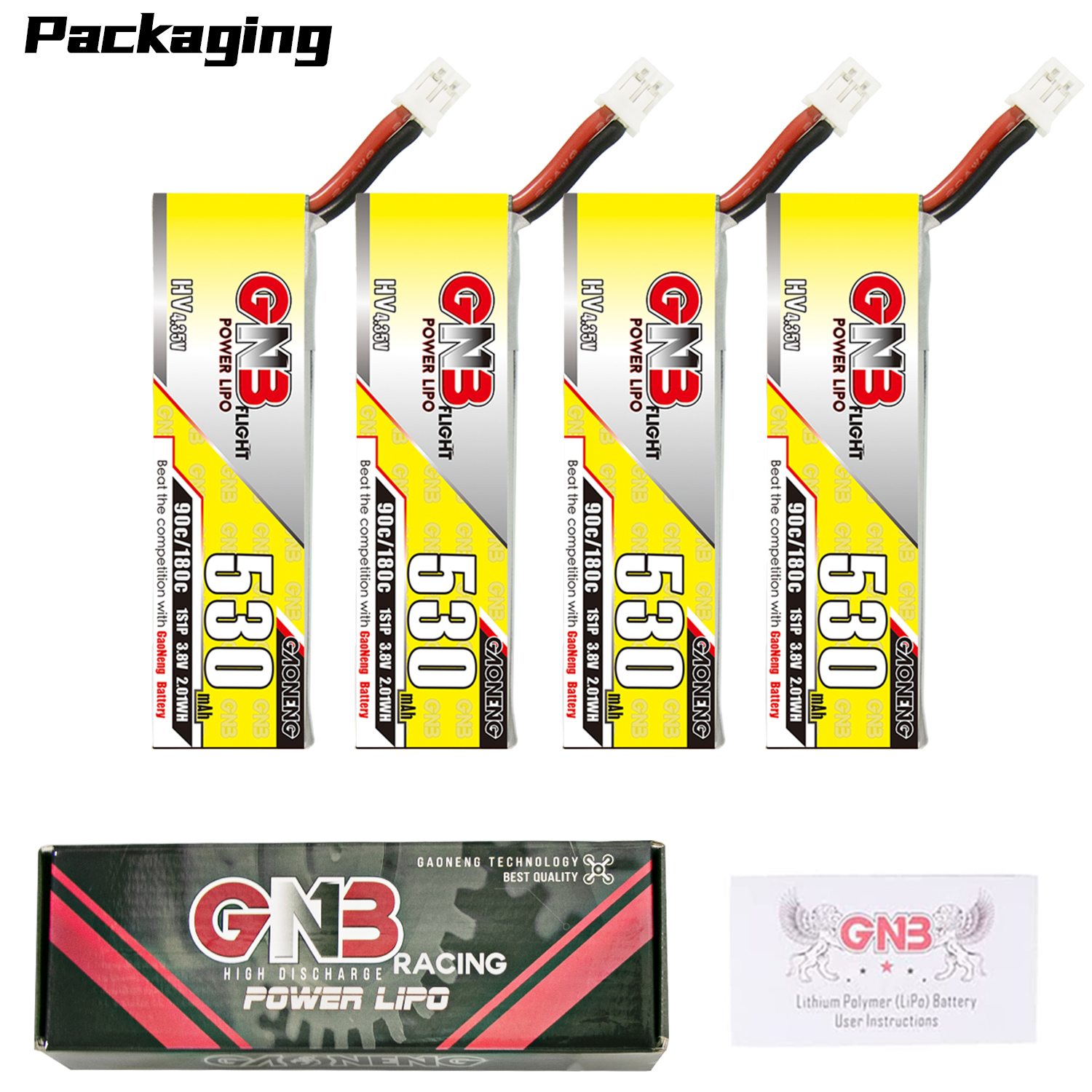 4PCS - GAONENG GNB LiHV 1S 3.8V 530mAh 90C PH2.0 Cabled LiPo Battery