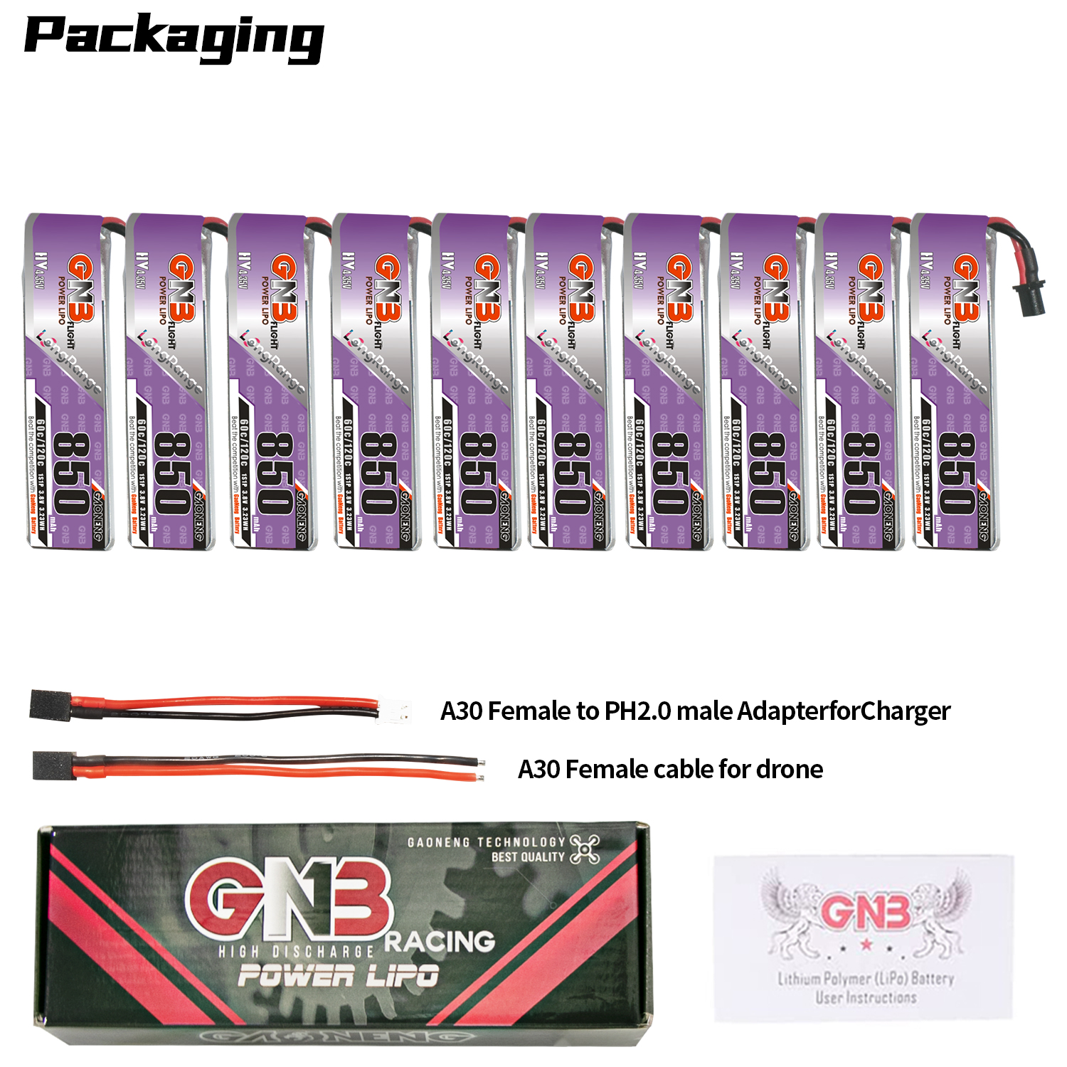 GAONENG GNB LiHV 1S 3.8V 850mAh 60C A30 Cabled LiPo Battery Long Range