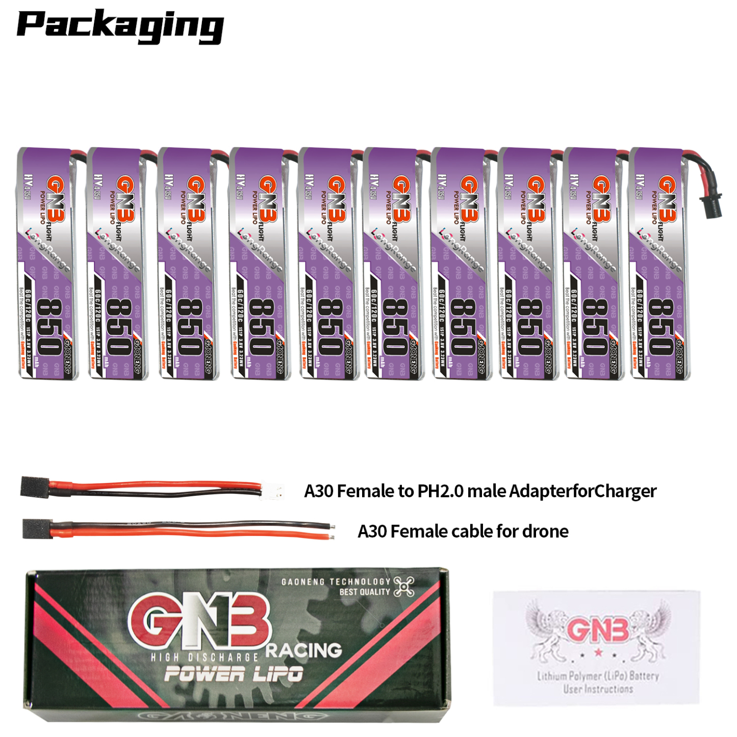 GAONENG GNB LiHV 1S 3.8V 850mAh 60C A30 Cabled LiPo Battery Long Range