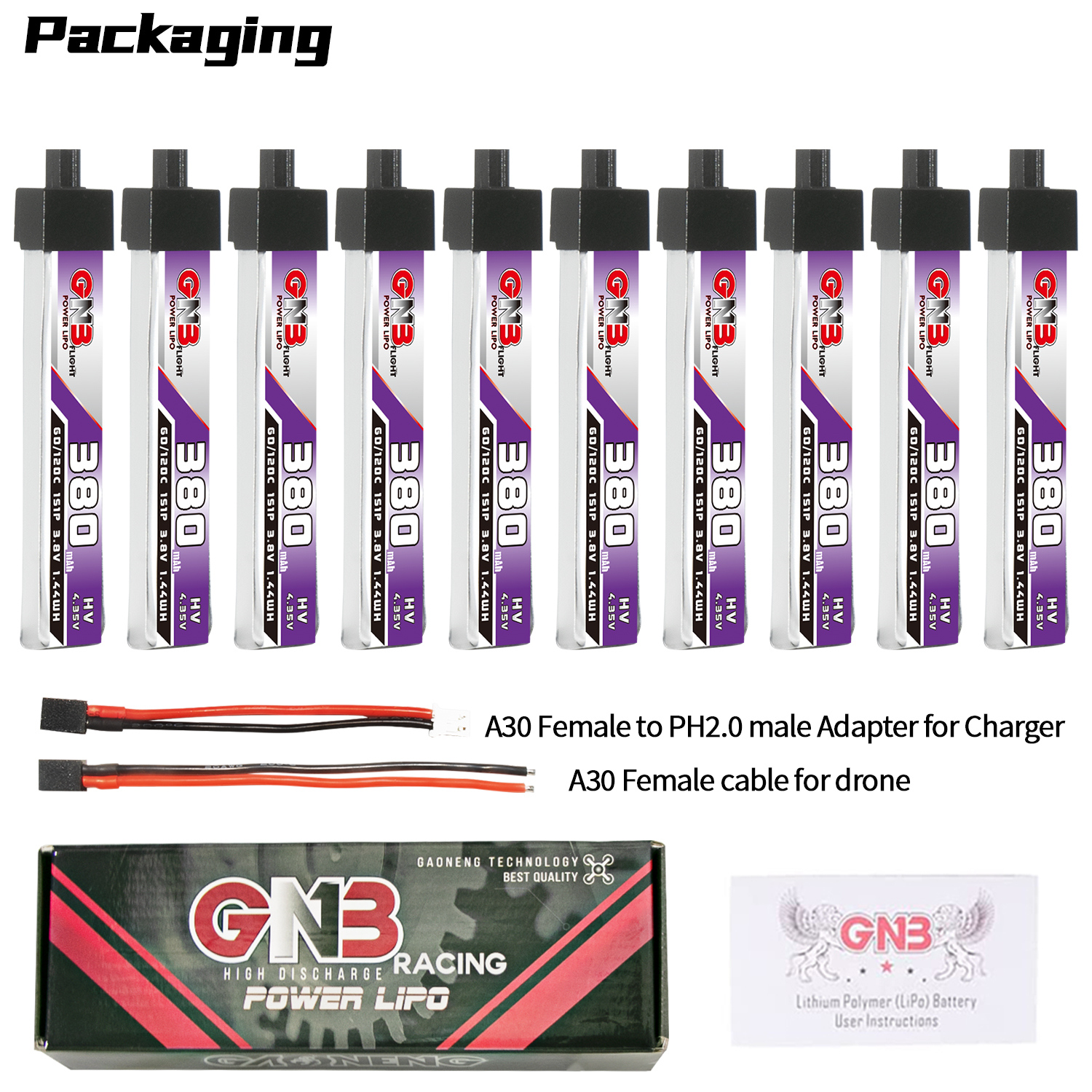 GAONENG GNB LiHV 1S 3.8V 380mAh 60C A30 Plastic Head LiPo Battery