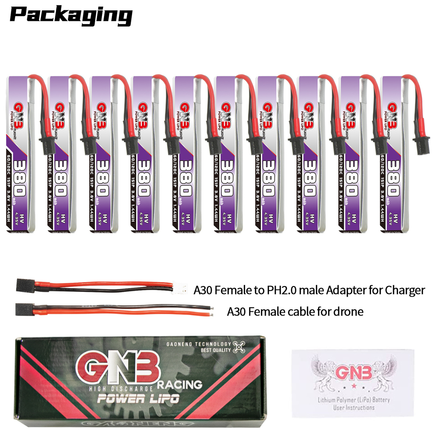 GAONENG GNB LiHV 1S 3.8V 380mAh 60C A30 Cabled LiPo Battery