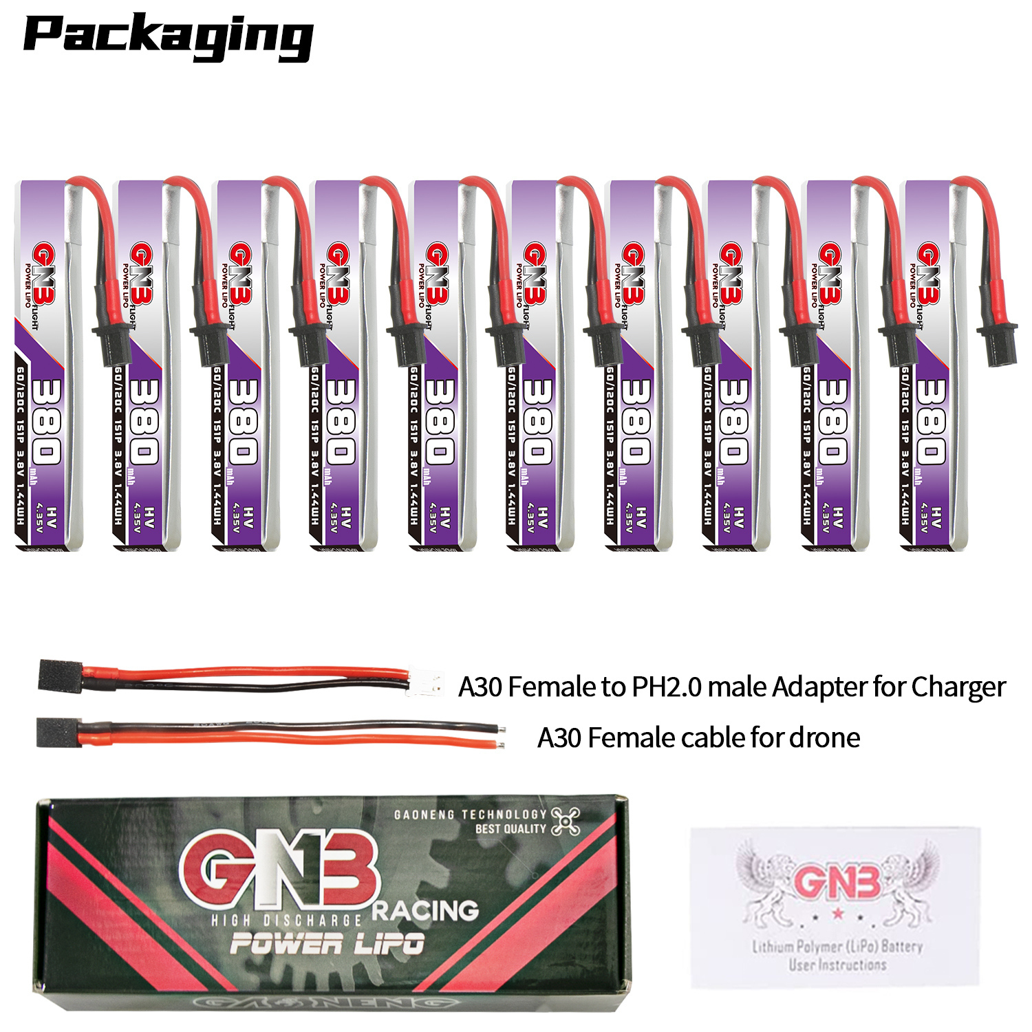 GAONENG GNB LiHV 1S 3.8V 380mAh 60C A30 Cabled LiPo Battery