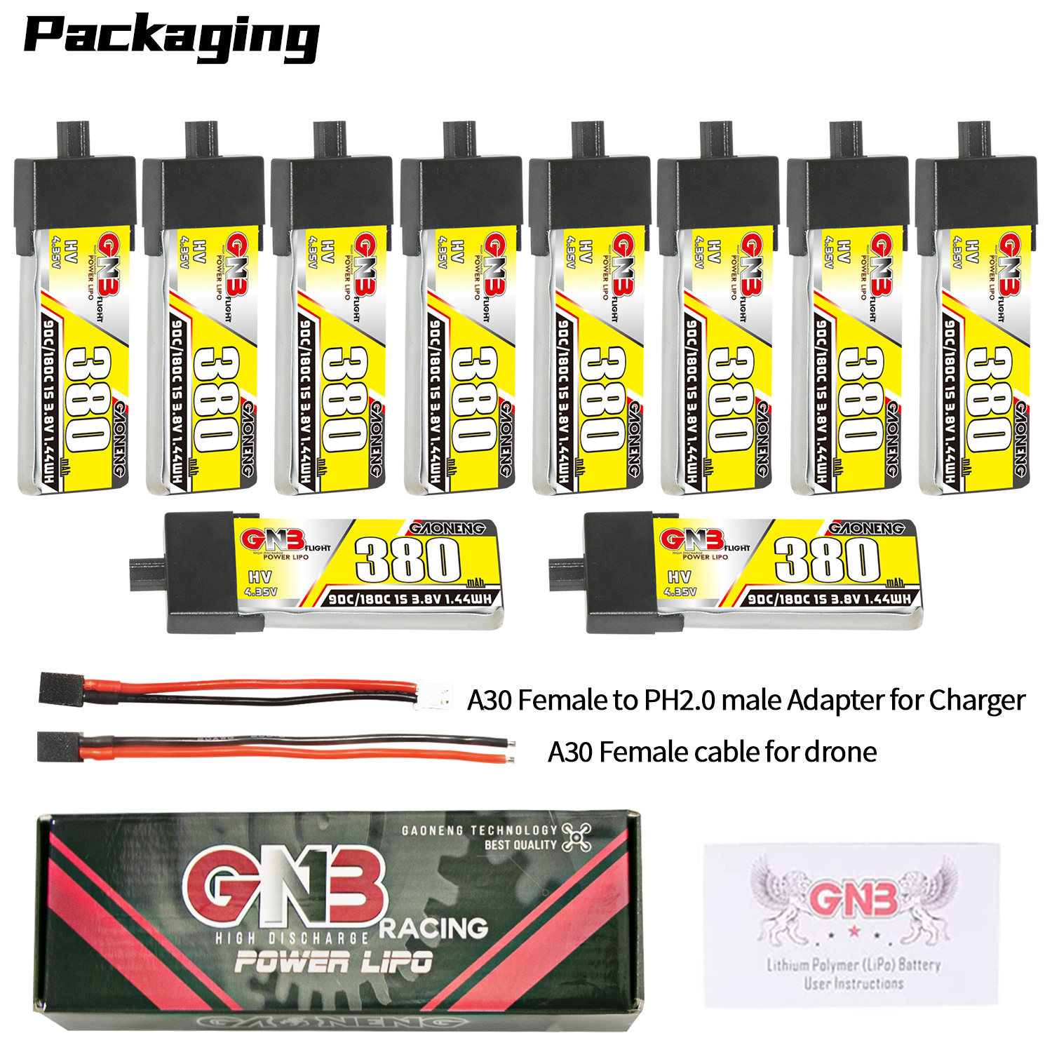 GAONENG GNB LiHV 1S 3.8V 380mAh 90C A30 Plastic Head LiPo Battery