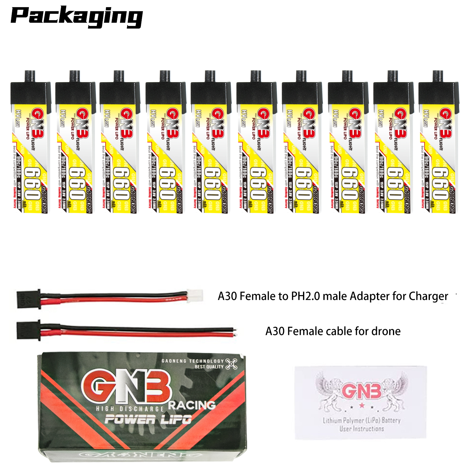 GAONENG GNB LiHV 1S 3.8V 660mAh 90C A30 Plastic Head LiPo Battery