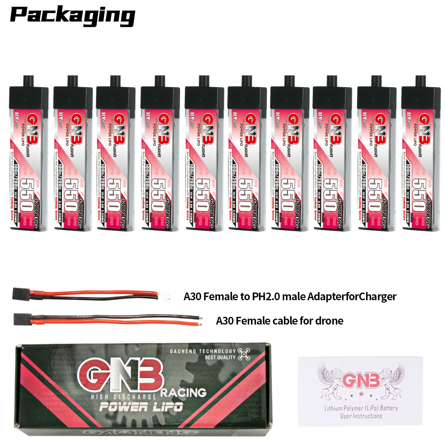 GAONENG GNB LiHV 1S 3.8V 550mAh 100C A30 Plastic Head LiPo Battery
