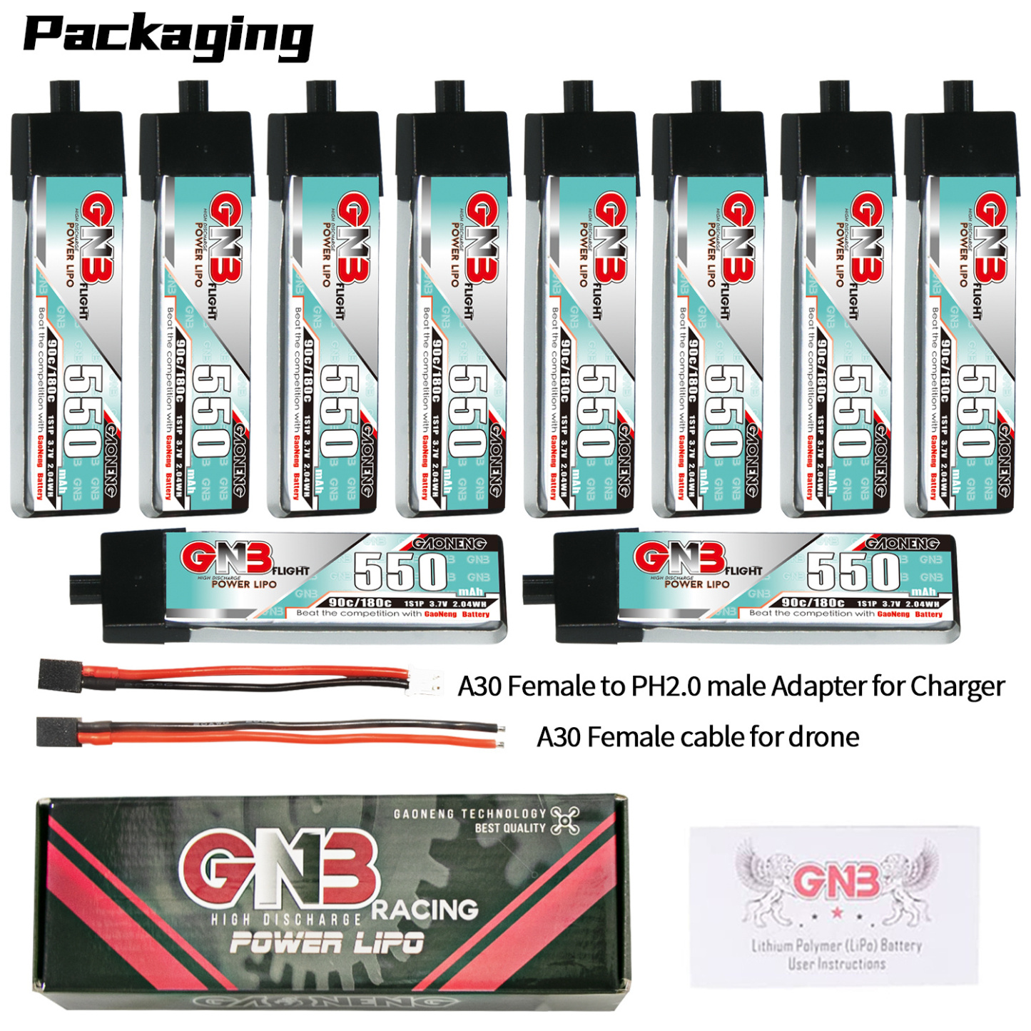 GAONENG GNB 1S 3.7V 550mAh 90C A30 Plastic Head LiPo Battery
