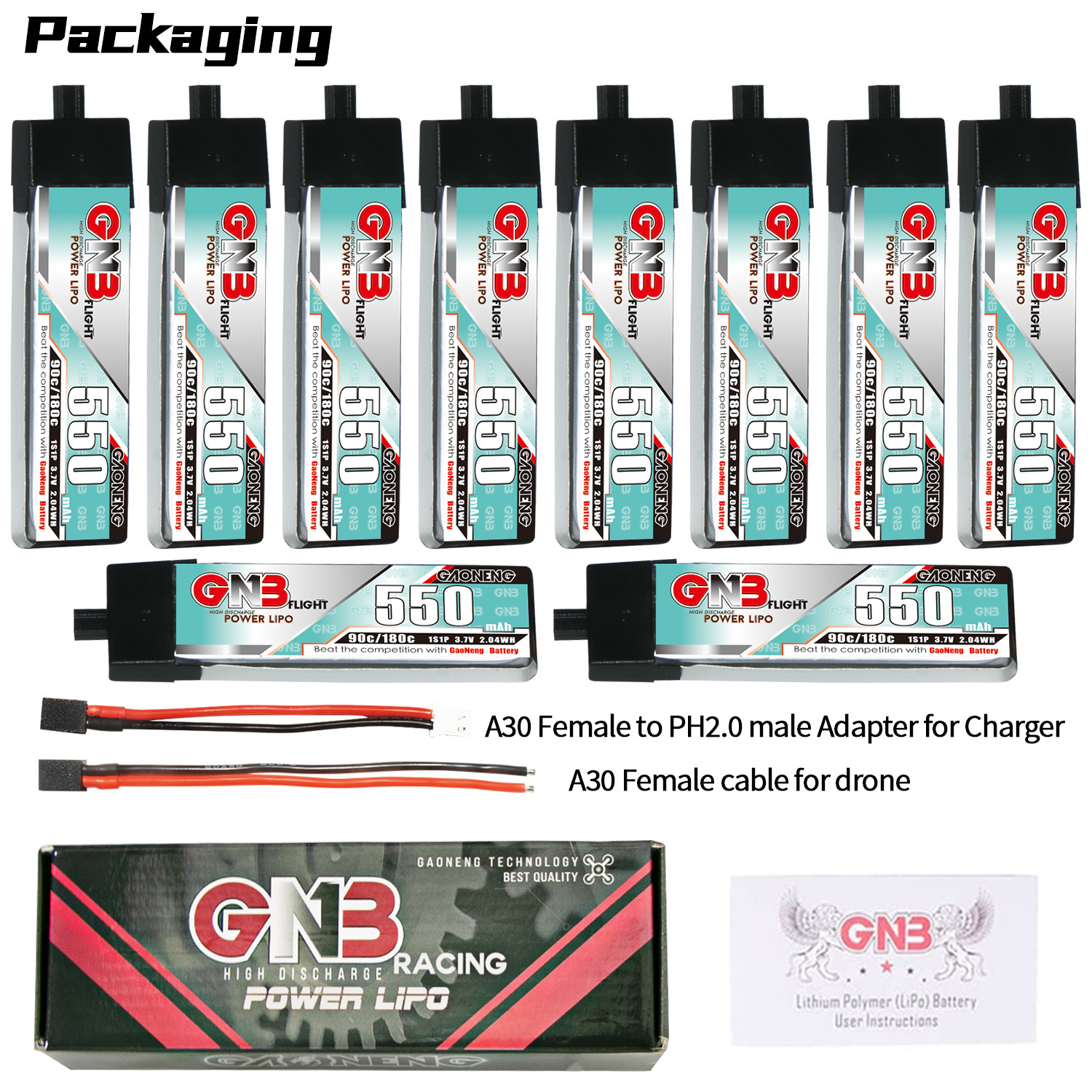 GAONENG GNB 1S 3.7V 550mAh 90C A30 Plastic Head LiPo Battery