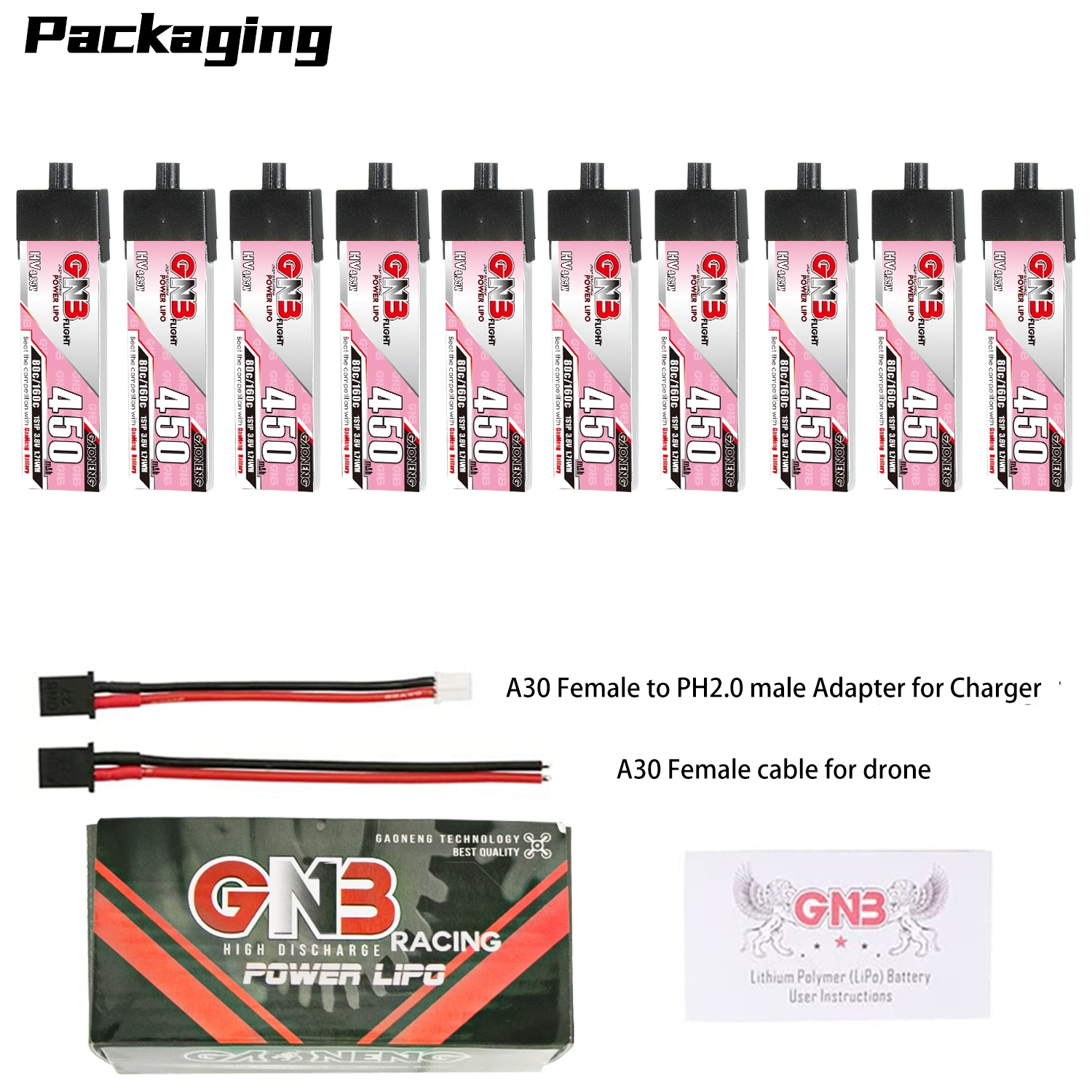 GAONENG GNB LiHV 1S 3.8V 450mAh 80C A30 Plastic Head LiPo Battery