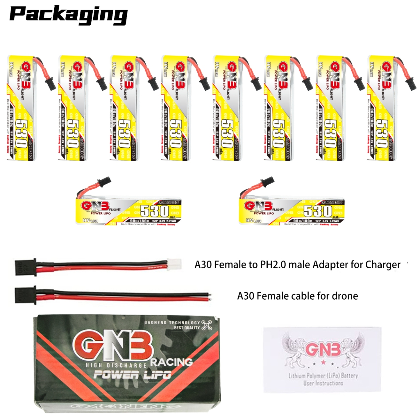 GAONENG GNB LiHV 1S 3.8V 530mAh 90C A30 Cabled LiPo Battery
