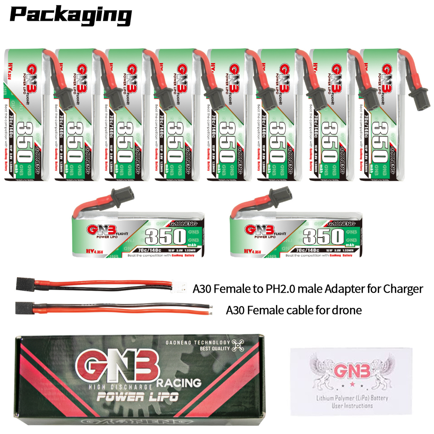 GAONENG GNB LiHV 1S 3.8V 350mAh 70C A30 Cabled LiPo Battery