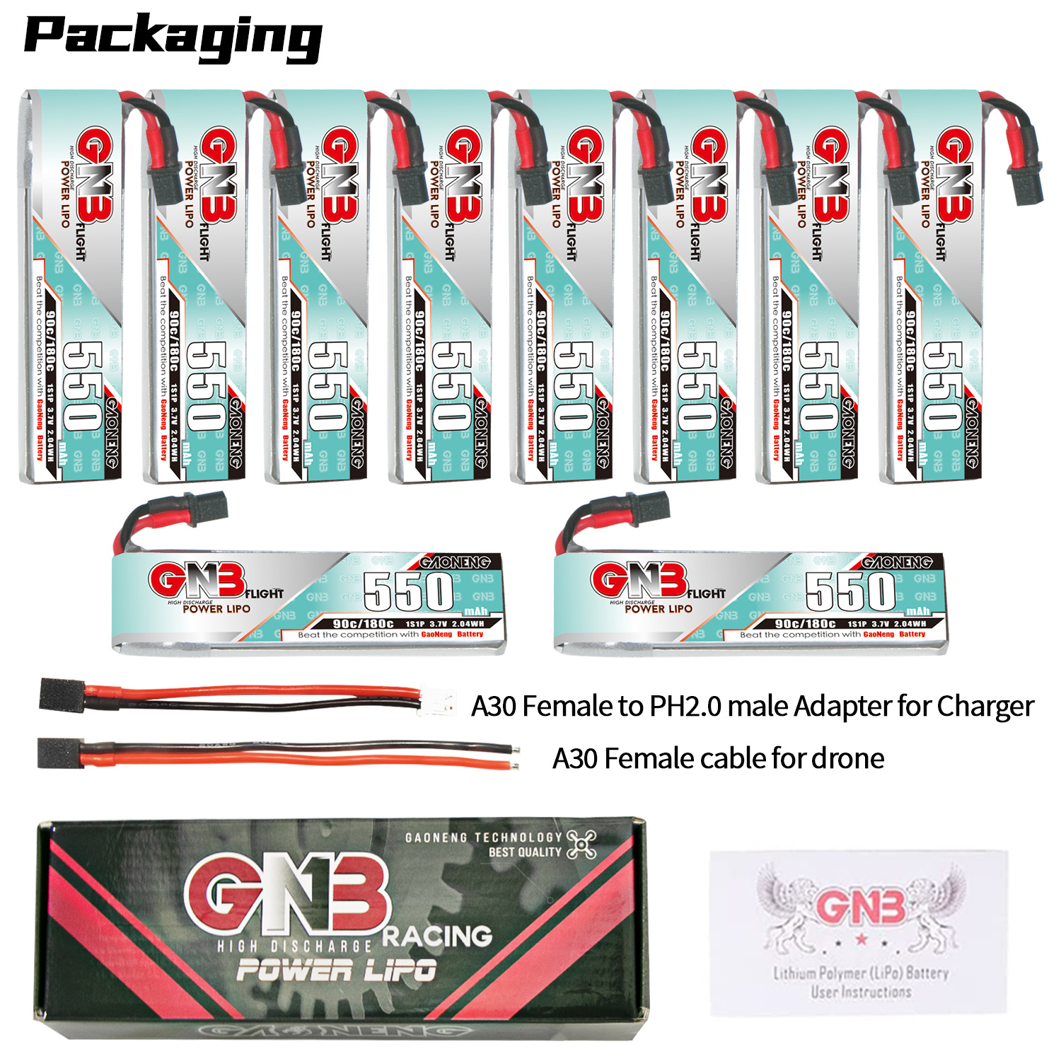 GAONENG GNB 1S 3.7V 550mAh 90C A30 Cabled LiPo Battery Long Type