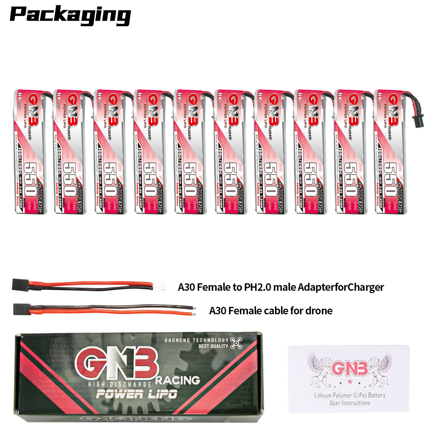 GAONENG GNB LiHV 1S 3.8V 550mAh 100C A30 Cabled LiPo Battery