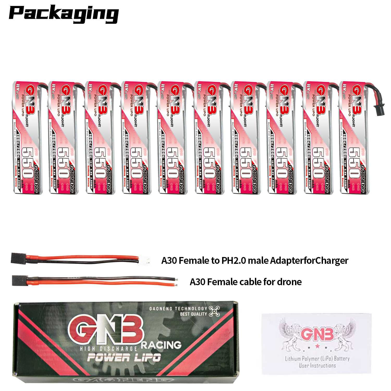 GAONENG GNB LiHV 1S 3.8V 550mAh 100C A30 Cabled LiPo Battery