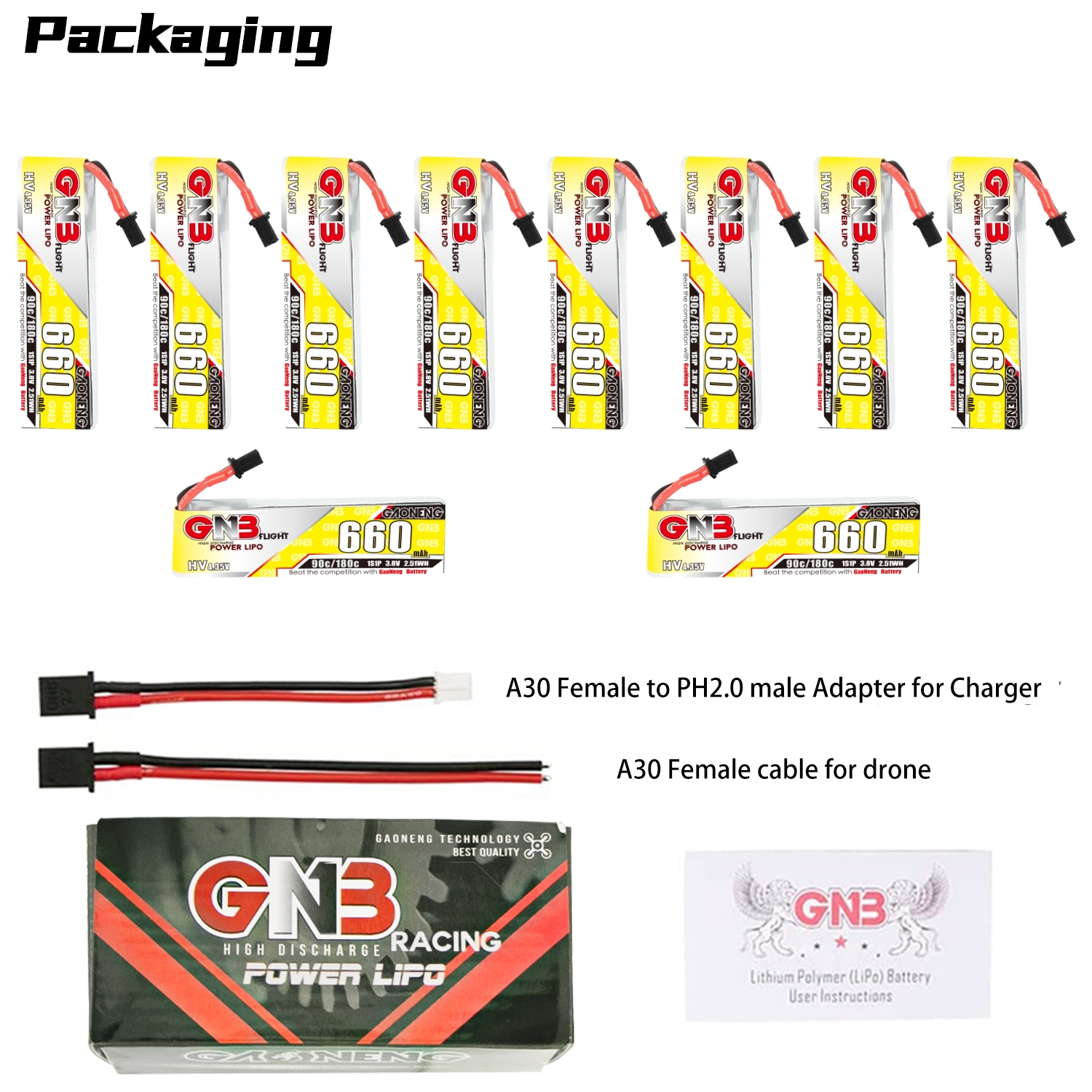 GAONENG GNB LiHV 1S 3.8V 660mAh 90C A30 Cabled LiPo Battery