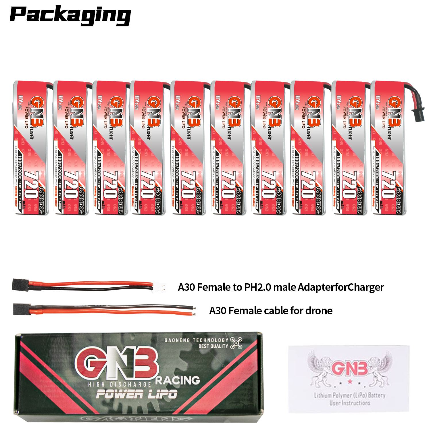 GAONENG GNB LiHV 1S 3.8V 720mAh 100C A30 Cabled LiPo Battery